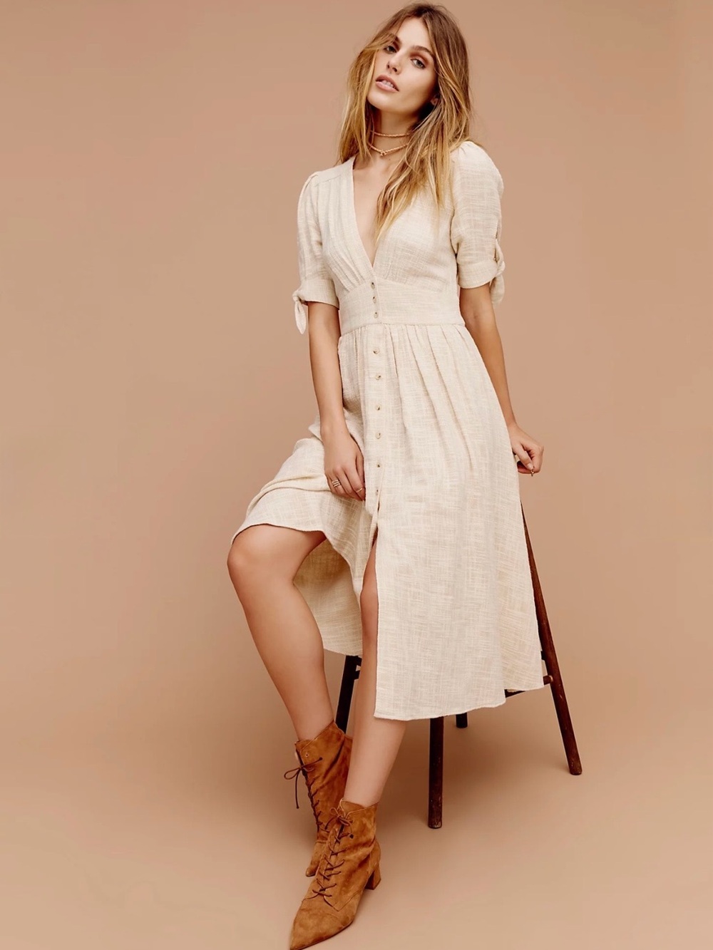 Free People Love Of My Life Midi Dress Beige Small - Picture 2 of 4
